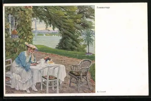 Künstler-AK Edward Cucuel: Junge Frau sitzt bei Kaffee und Kuchen an einem Fluss, Sommertage