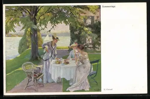 Künstler-AK Edward Cucuel: Sommertage, Damen sitzen im Garten am Kaffeetisch