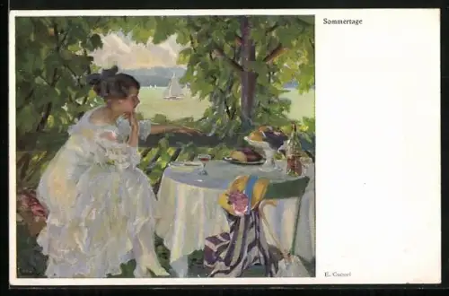 Künstler-AK sign.E. Cucuel: Sommertage, Mädchen sitzt im Garten am Tisch