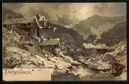 Künstler-AK T.Guggenberger: Allegorie, Dezember, Häuser im Schnee