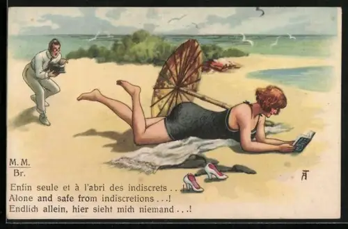 Künstler-AK Arthur Thiele: Mann macht heimlich Fotos von einer Frau am Strand