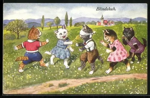 AK vermenschlichte Katzenkinder spielen Blinde Kuh auf einer Blumenwiese