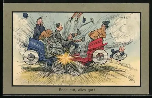 Künstler-AK sign. Charles Lane: Auto-Unfalle, Moment des Zusammenpralls