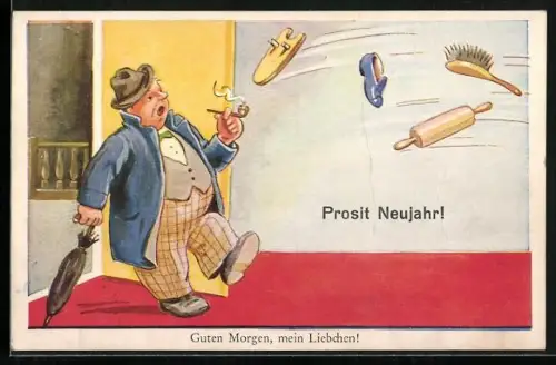 AK Guten Morgen mein Liebchen, Frau beschmeisst ihrem Mann mit Gegenständen