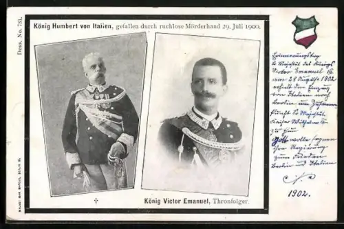 AK König Humbert von Italien, gefallen durch ruchlose Mörderhand und Thronfolger Victor Emanuel