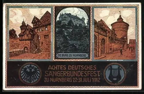 AK Nürnberg, VIII. Deutsches Sängerbundfest 1912, Burg zu Nürnberg, Harfe, Wappen