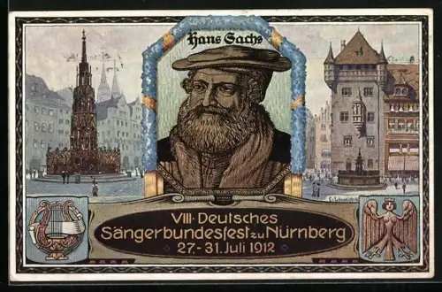 AK Nürnberg, VIII. Deutsches Sängerbundfest 1912, Hans Sachs, Harfe
