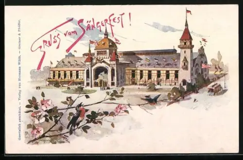 AK Stuttgart, Blick zum Gebäude mit Fahnen, Sängerfest, Strassenbahn