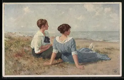 Künstler-AK Wohlgemuth & Lissner, Primus-Postkarte No. 5019: Ein Sommertag, zwei junge Frauen sitzen am Strand