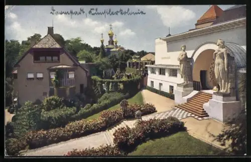 AK Darmstadt, Künstlerkolonie, Ernst Ludwighaus, Haus Christiansen mit Christiansengarten und Kapelle