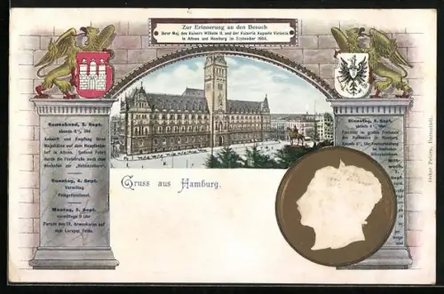 Künstler-AK Hamburg, Festpostkarte zum Besuch Kaiser Wilhelm II. 1904, Rathaus