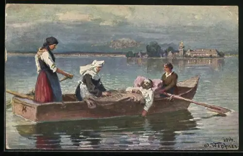 AK Krankenschwestern befördern Verletzten auf einem Boot, Rotes Kreuz