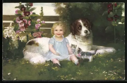 Künstler-AK Marie Flatscher (M.FL.): Mädchen mit Berhardiner und kleinen Katzen