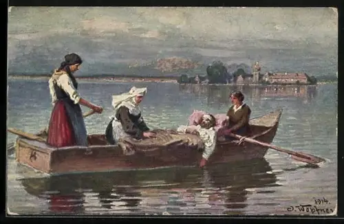 AK Krankenschwestern befördern Verletzten auf einem Boot, Rotes Kreuz