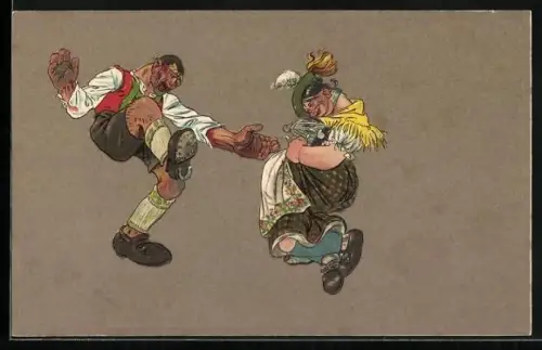 AK komisches bayrisches Paar beim Tanz