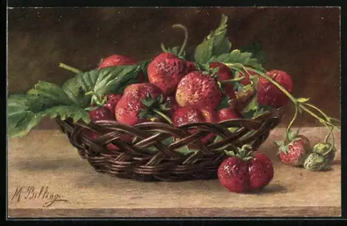 Künstler-AK M. Billing: Korb mit Erdbeeren