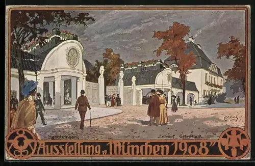 Künstler-AK Carl Moos: München, Ausstellung 1908, Haupteingang