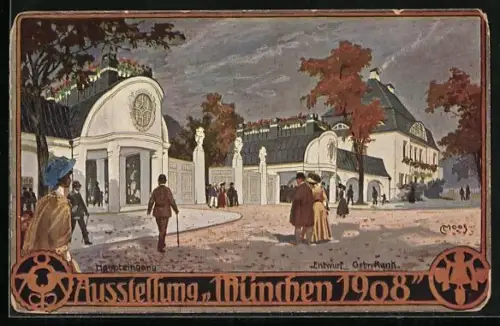 Künstler-AK Carl Moos: München, Ausstellung 1908, Haupteingang