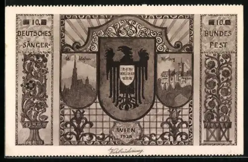 Künstler-AK Wien, 10. Deutsches Sängerfest 1928, St. Stefan, Wartburg, Verbrüderung