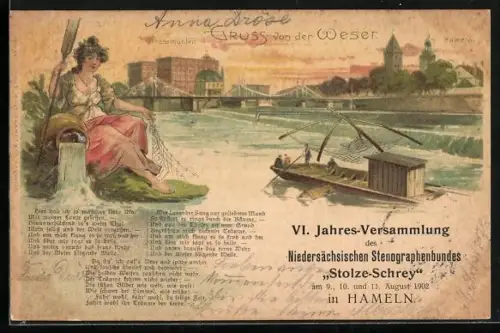 Lithographie Hameln /Weser, Wesermühlen, Fischfang am Wehr