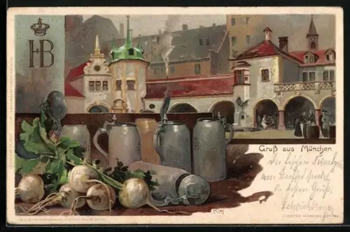 Künstler-AK Heinrich Kley: Münchner Hofbräuhaus, Bierkrüge