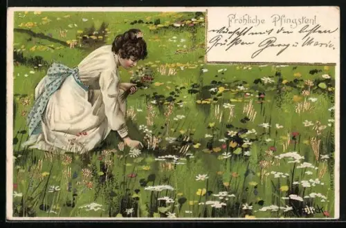 Künstler-AK Alfred Mailick: Dame pflückt Blumen