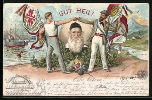 Lithographie Hamburg, Turnfest 1898, Turner mit Fahnen und Jahn-Portrait, Handschlag, Hafenpartie, Berg-Idylle