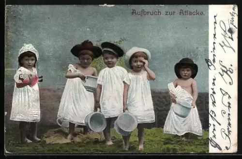 AK Kleinkinder entleeren ihre Töpfe auf dem Acker, Toilettenhumor