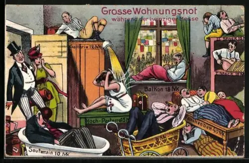 AK Karikatur: Grosse Wohnungsnot während der Leipziger Messe