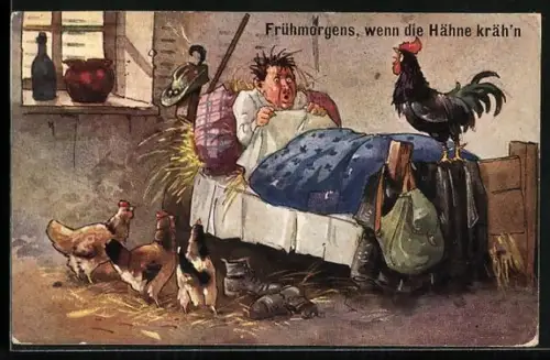 AK Frühmorgens, wenn die Hähne kräh'n, Mann erschrickt nach dem Aufwachen vor dem Hahn auf dem Bettrand
