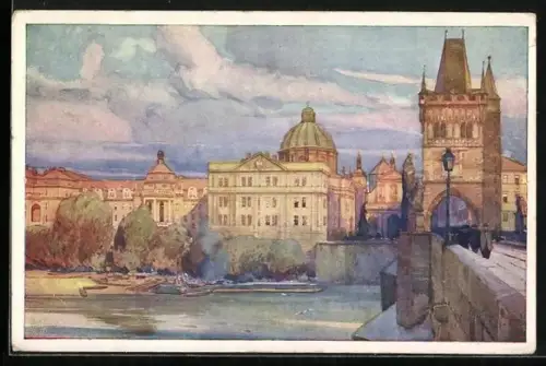Künstler-AK Jaroslav Setelik: La tour du pont Charles et Mala Strana