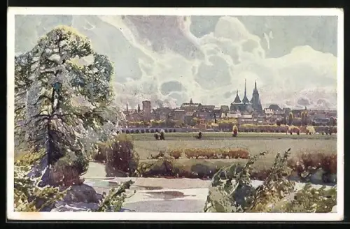 Künstler-AK Laun / Louny, Od Dobromeric pres luka, Gesamtansicht