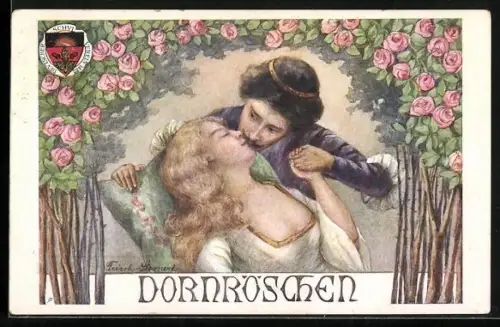 AK Deutscher Schulverein Nr. 60: Deutsche Märchen Nr. 4: Dornröschen, vom Prinzen wach geküsst