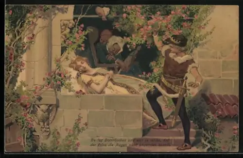 Künstler-AK P. Hey: Märchen Dornröschen, Prinz am Bett des Dornröschen
