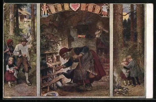 Künstler-AK P. Hey: Hänsel und Gretel, Szenen des Märchens
