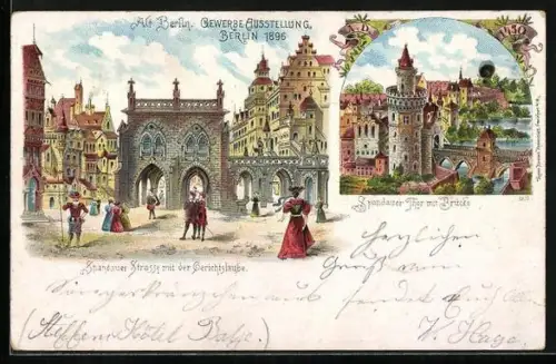 Lithographie Berlin, Gewerbe-Ausstellung 1896, Spandauer Strassen mit der Gerichtslaube