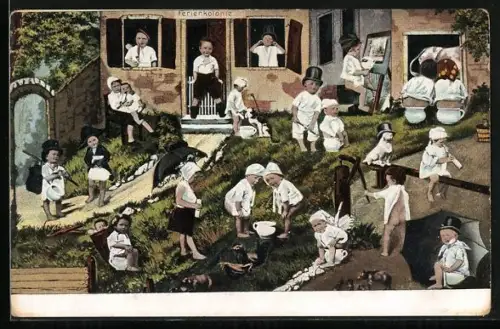 AK In der Ferienkolonie, Kleinkinder mit ihren Nachttöpfen