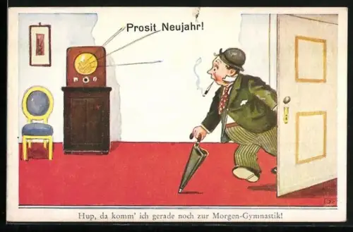 AK Betrunkener an der Tür vor dem Radio, Neujahrsgruss