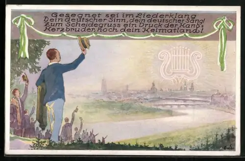 Künstler-AK Dresden, 1. Sächsisches Sängerbundes-Fest 20.-23. Juni 1925, Sängerstrom vor der Stadt