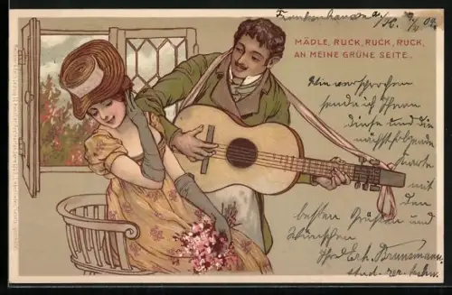 Lithographie Dame und Kavalier mit Gitarre, Jugendstil