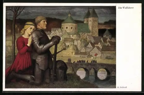 Künstler-AK Matthäus Schiestl: Die Wallfahrer, Ritter kniet mit seiner Geliebten an einem Fluss