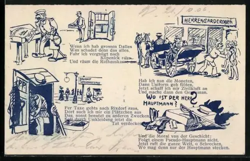 Künstler-AK Berlin-Köpenick, Der Hauptmann von Köpenick räumt die Rathauskasse aus