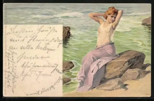 AK Frau am Strand mit durchsichtigem Oberteil