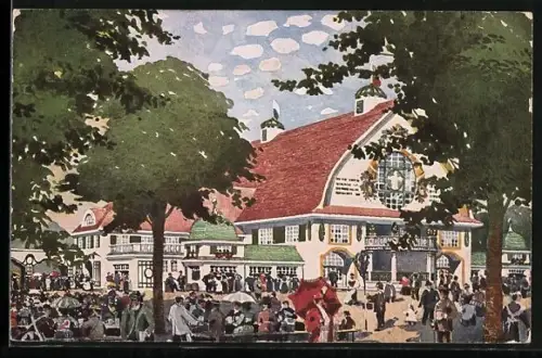 AK München, Bayerische Gewerbeschau 1912, Grosse Bierhalle mit Terrassengarten