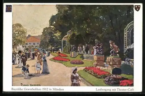 AK München, Bayrische Gewerbeschau 1912, Laubengang mit Theater-Cafe