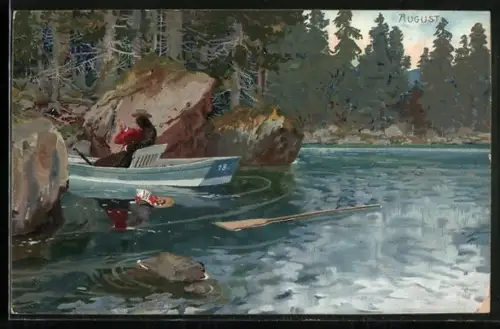 Künstler-AK Zeno Diemer: Liebespaar auf Ruderboot auf Waldsee, August