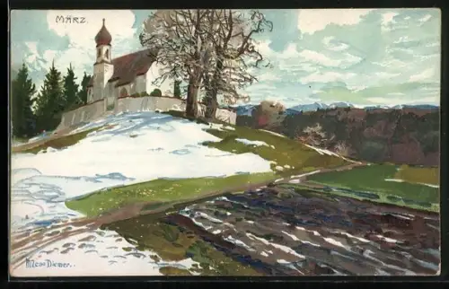 Künstler-Lithographie Zeno Diemer: März, Verschneite Kirche, Kalender