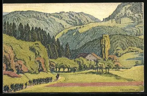Künstler-AK Ernst E.Schlatter: Schweizer Soldaten marschieren durch ein Jura-Tal