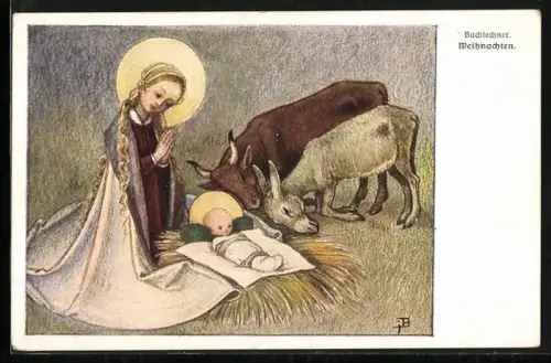 Künstler-AK Josef Bachlechner: Weihnachten, Tiere an Jesus Kinderbett