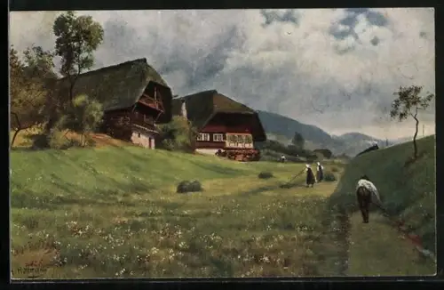 Künstler-AK H. Hoffmann: Partie an der Schwarzwaldbahn mit Häusern